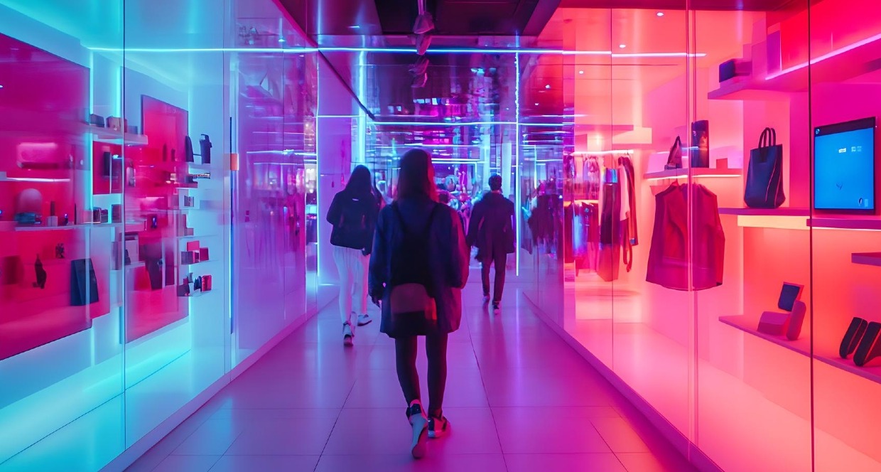 Personas caminando por un pasillo con escaparates a ambos lados