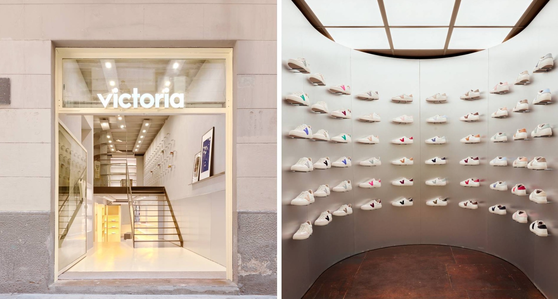 Entrada de la tienda de Victoria en Barcelona y zapatillas expuestas