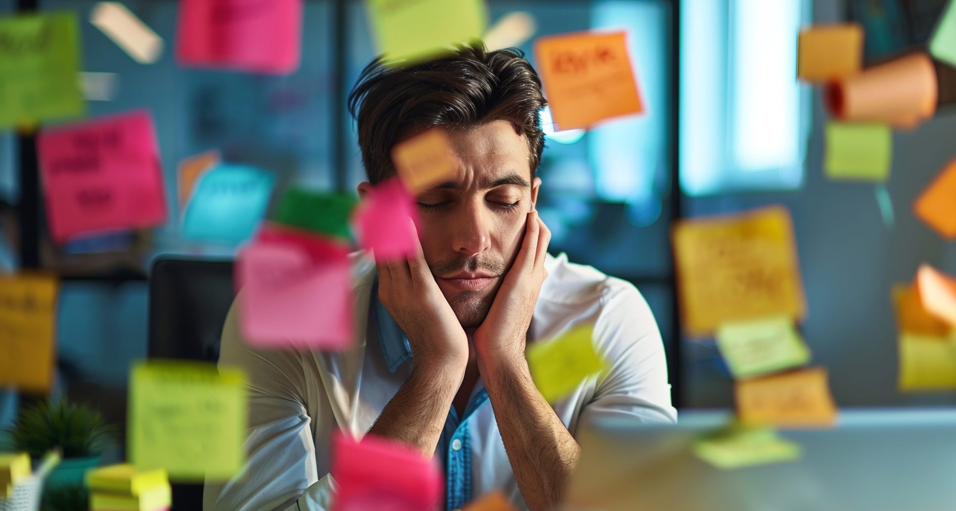 Hombre en la oficina rodeado de post-its