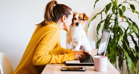 Mascotas y entorno laboral: la adopción de animales también llega a los permisos retribuidos Mujer trabajando junto a su perro