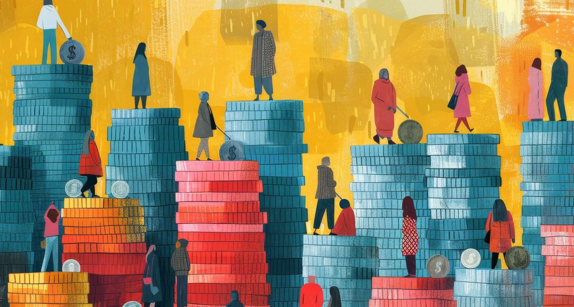 Ilustración de personas sobre montañas de monedas
