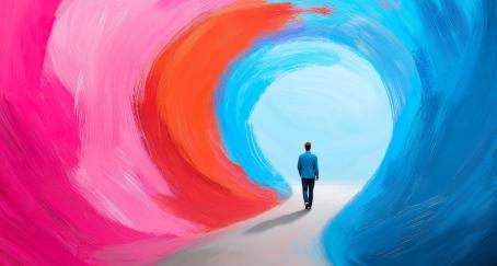 La tendencia de inversión en marketing y publicidad encuentra optimismo moderado en el primer semestre Ilustración de un hombre que atraviesa un túnel de colores