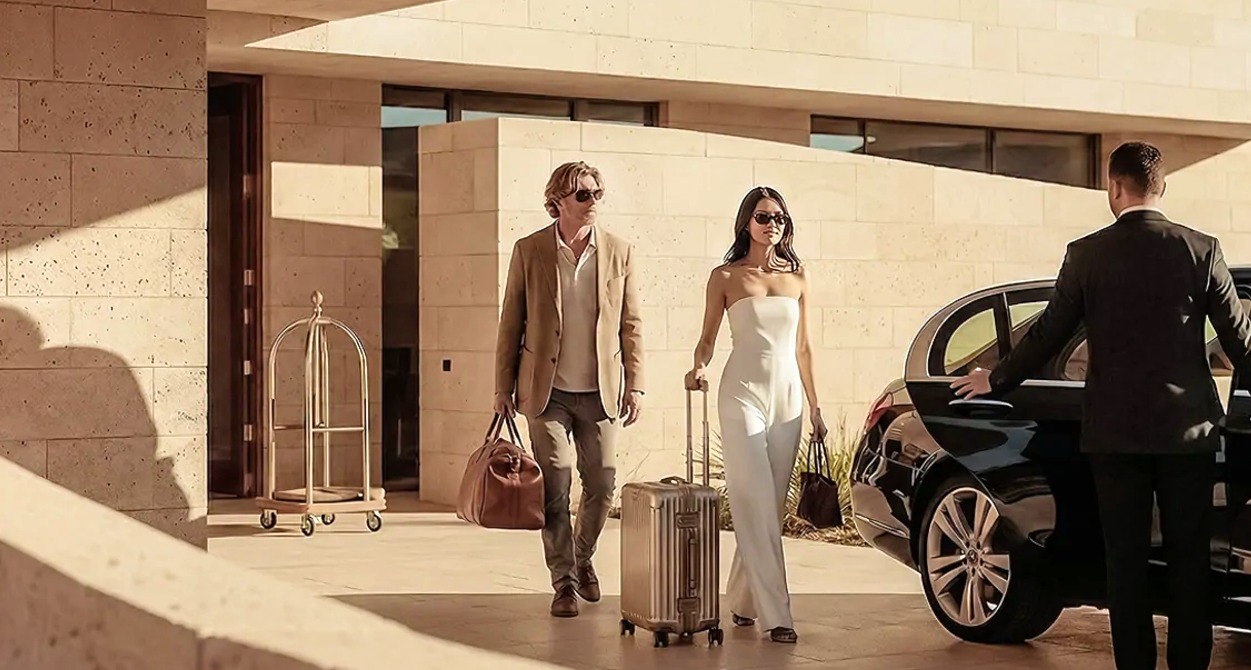 Una pareja saliendo de su casa mientras el chófer les espera abriendo la puerta del coche