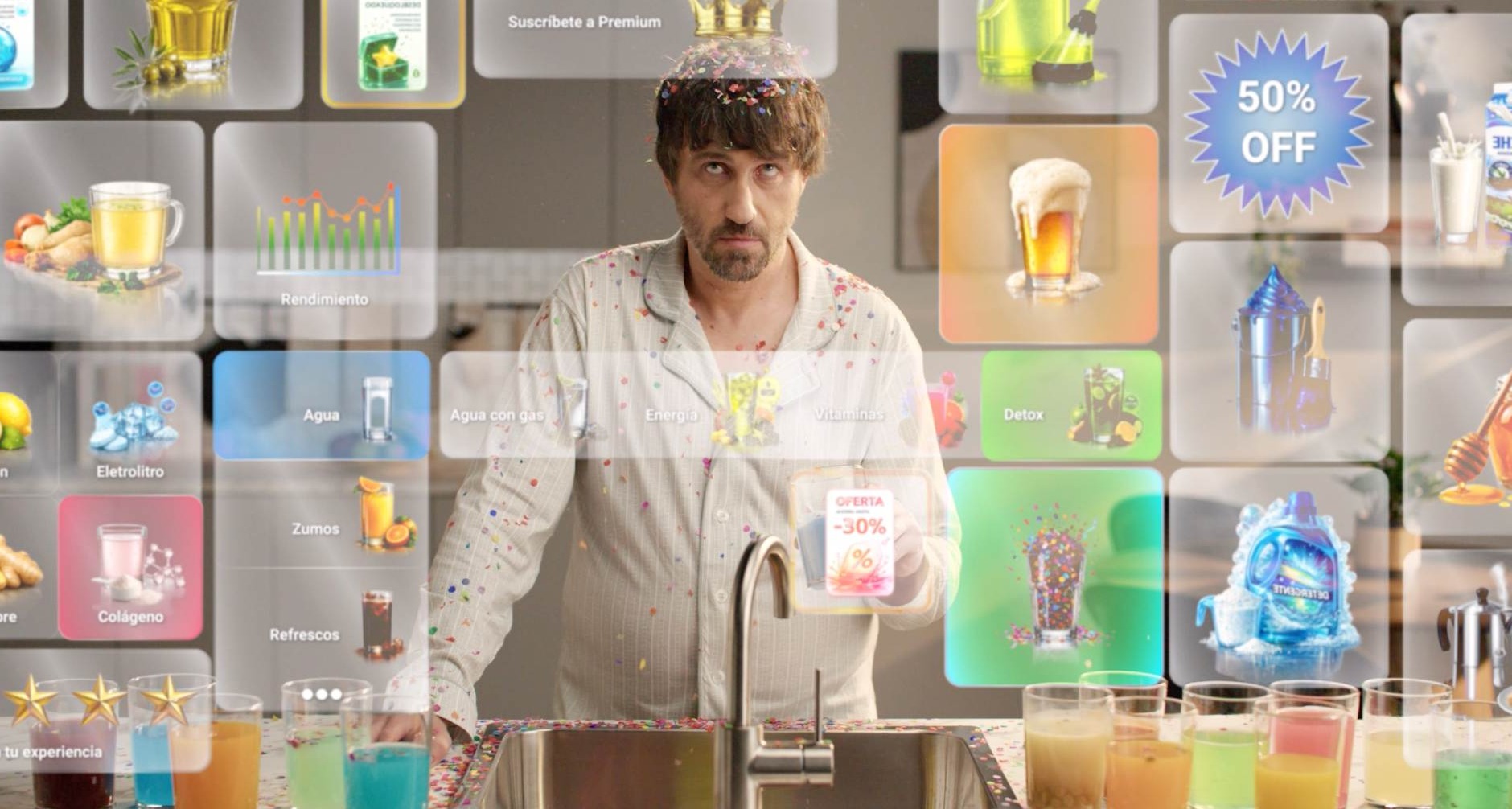 Hombre rodeado de anuncios digitales
