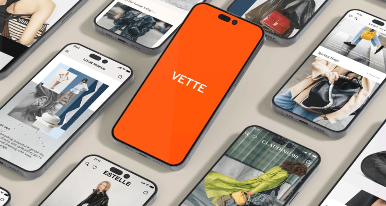 patallas de teléfonos y uno de ellos con fondo naranja y el logotipo de Vette