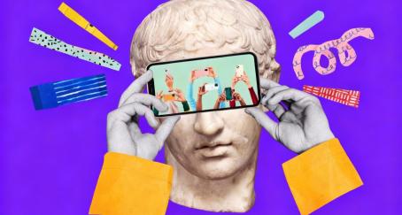 Collage de un busto griego con un teléfono móvil