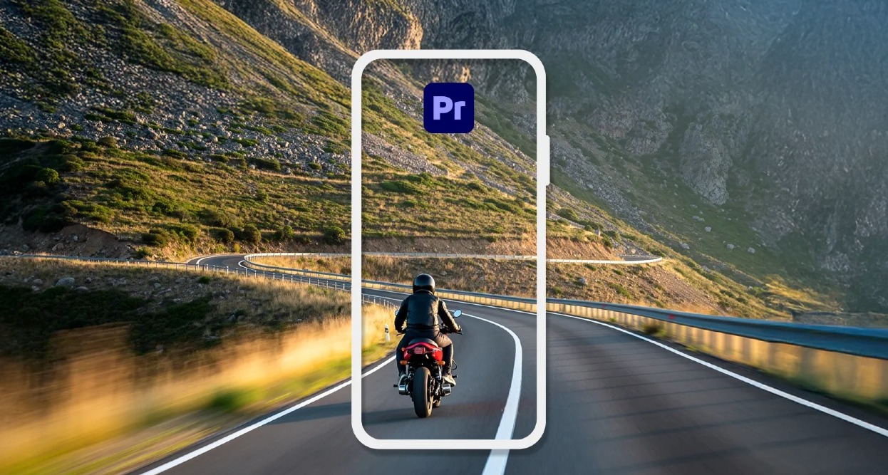 Un motorista en la montaña enmarcado por la silueta de un móvil y con el logo de Premiere