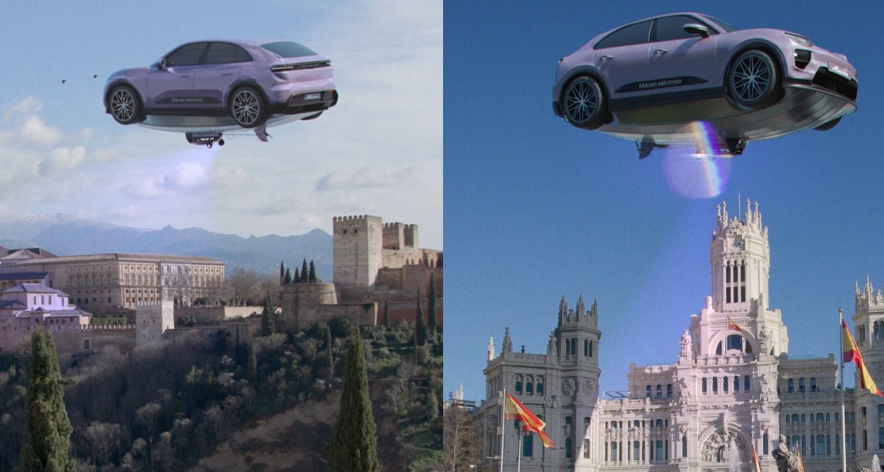 Porsche anuncia su nuevo Macan eléctrico con publicidad exterior simulada: un zeppelin itinerante recorre varias ciudades de España el zeppelin de porsche sobrevolando la alhambra y el ayuntamiento de madrid