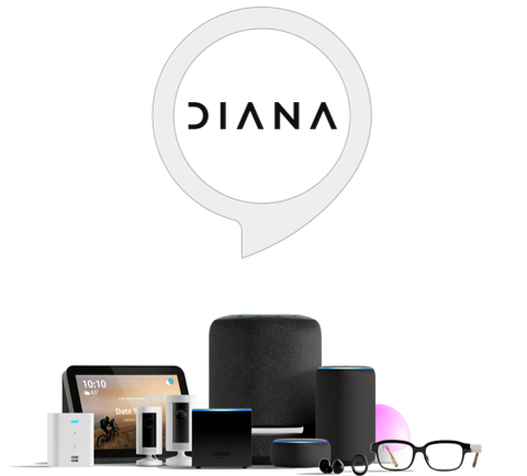 Imagen de dispositivos de amazon y el logotipo de Diana