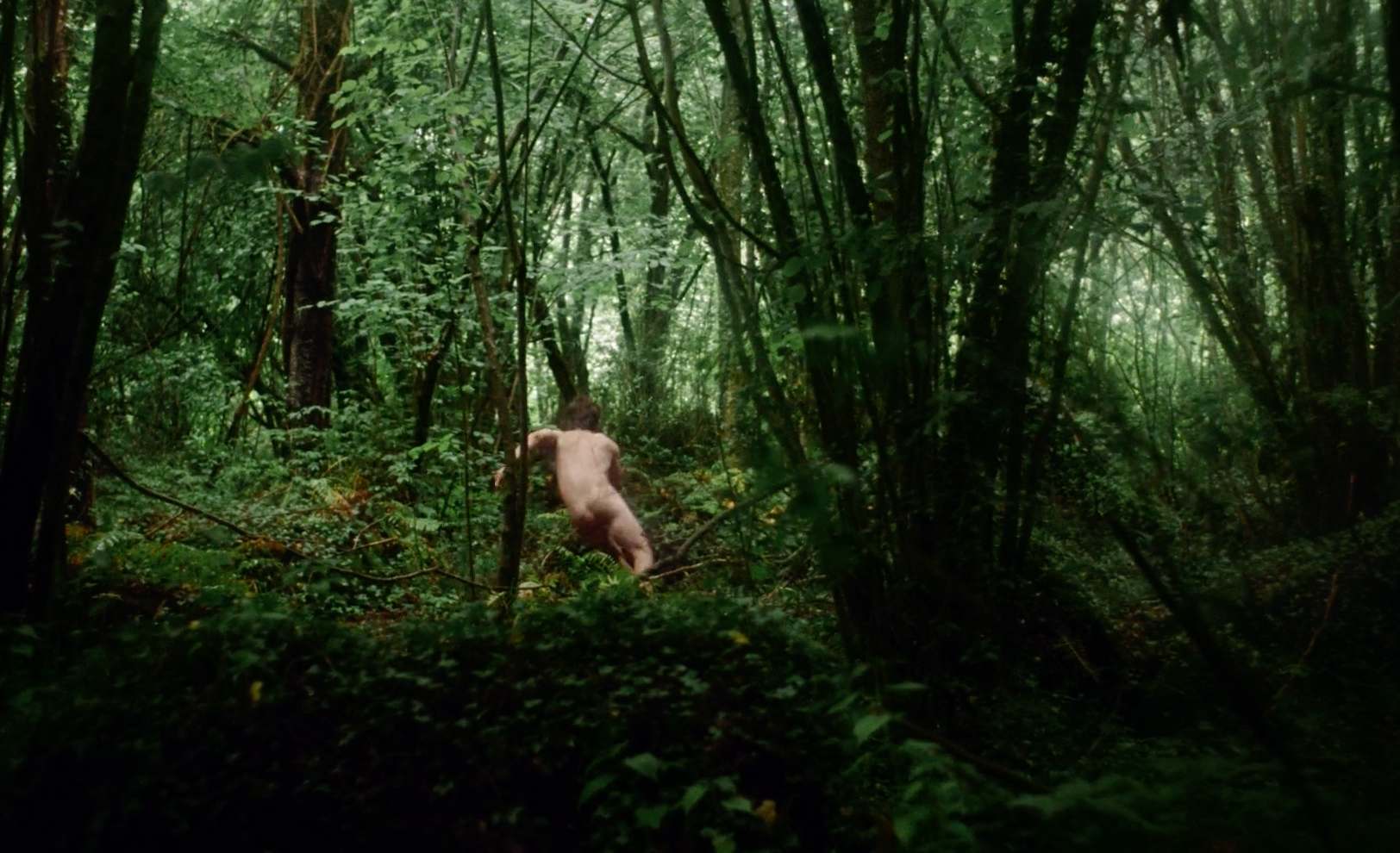 hombre desnudo corriendo por el bosque