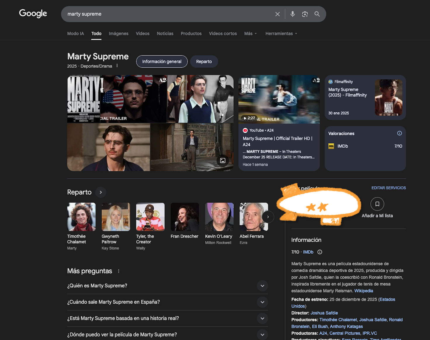 Captura de pantalla de la búsqueda en Google de Marty Supreme