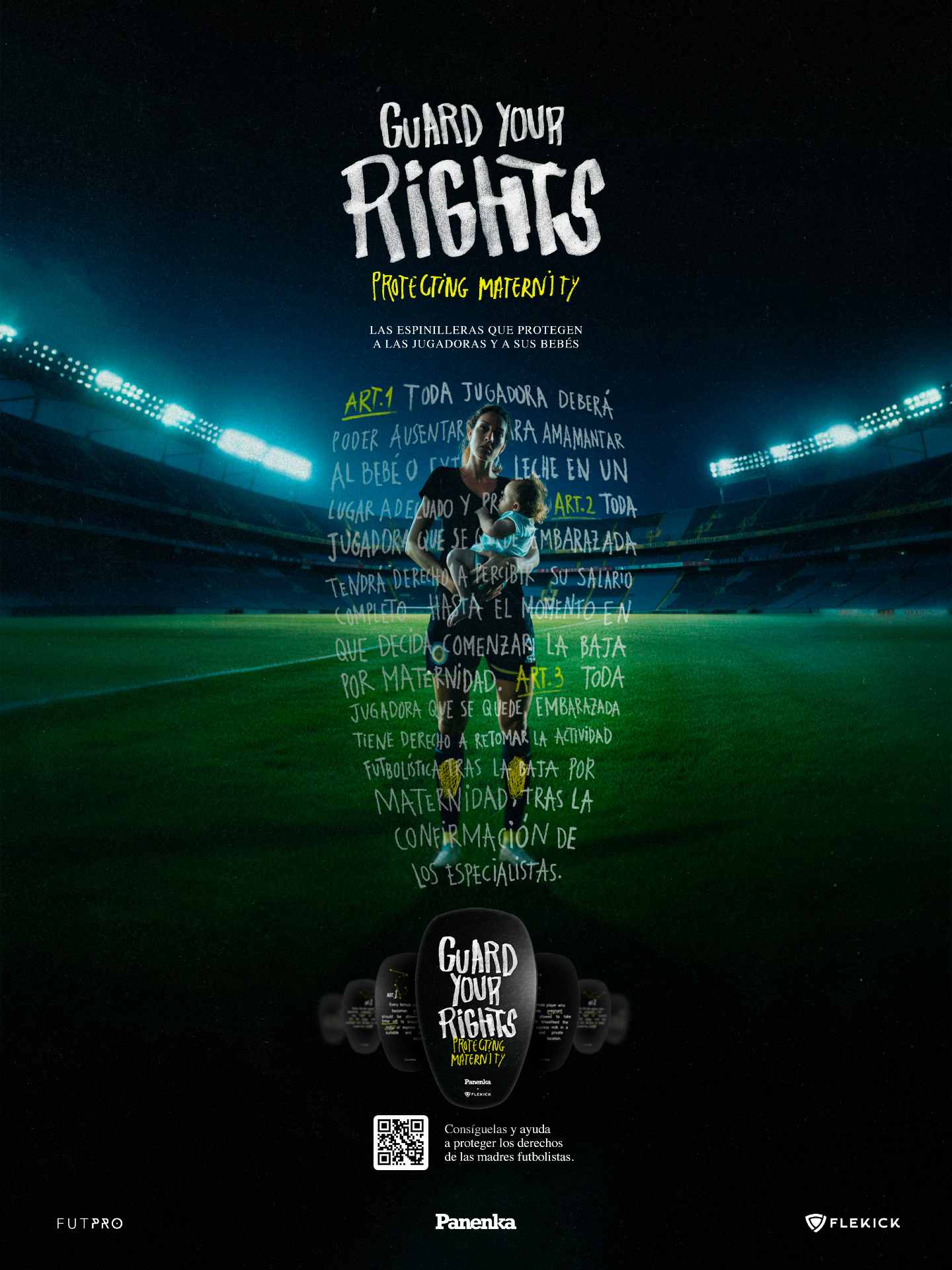 Pieza gráfica de la campaña en la que aparece el lema Guard your rights y una futbolista en el centro de un estadio vacío con un bebé en brazos.