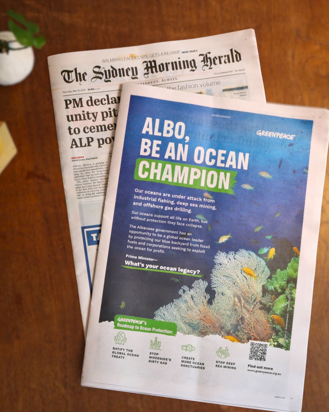Anuncio de Greenpeace Australia en el periodico The Sydney Morning Herald