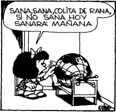 Viñeta de Mafalda acariciando al globo terráqueo para que se 