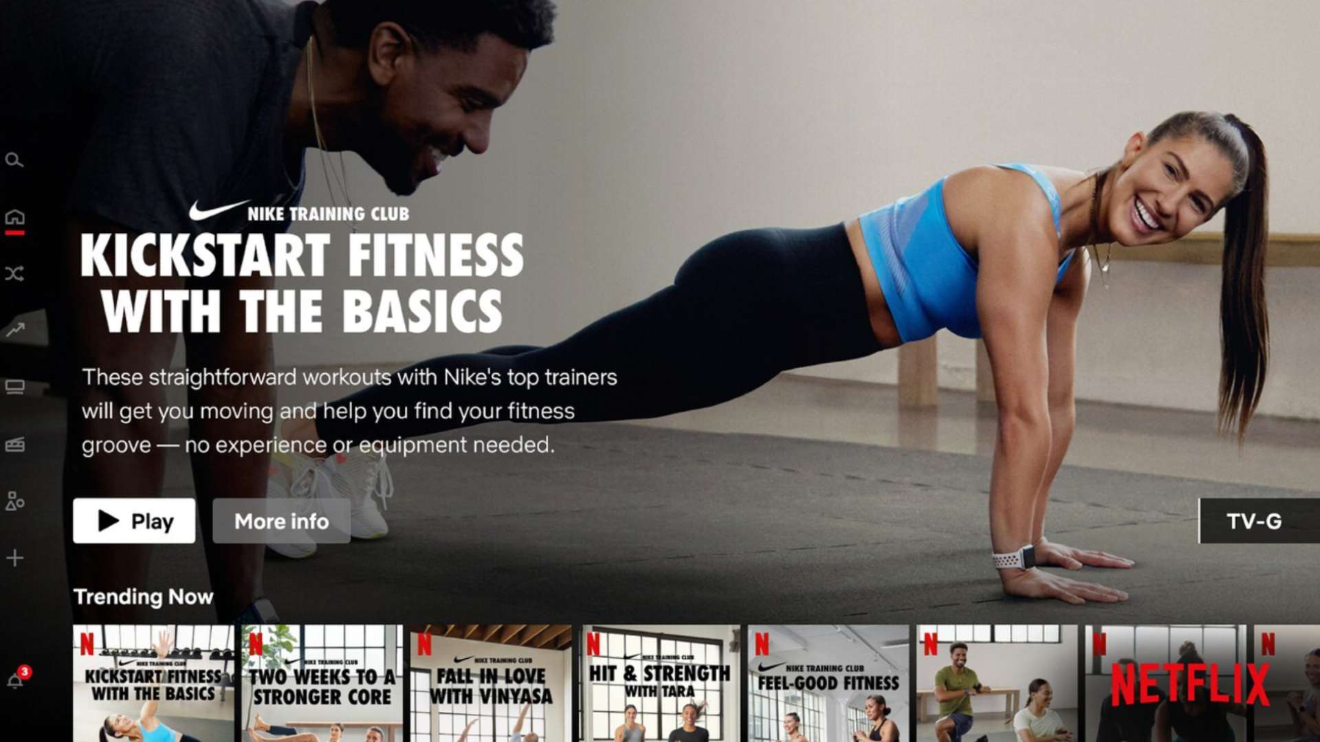 Imagen de la pantalla de Netflix con del menú de programación del Nike Training Club.