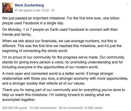 Publicación de agradecimiento de Mark Zuckerberg