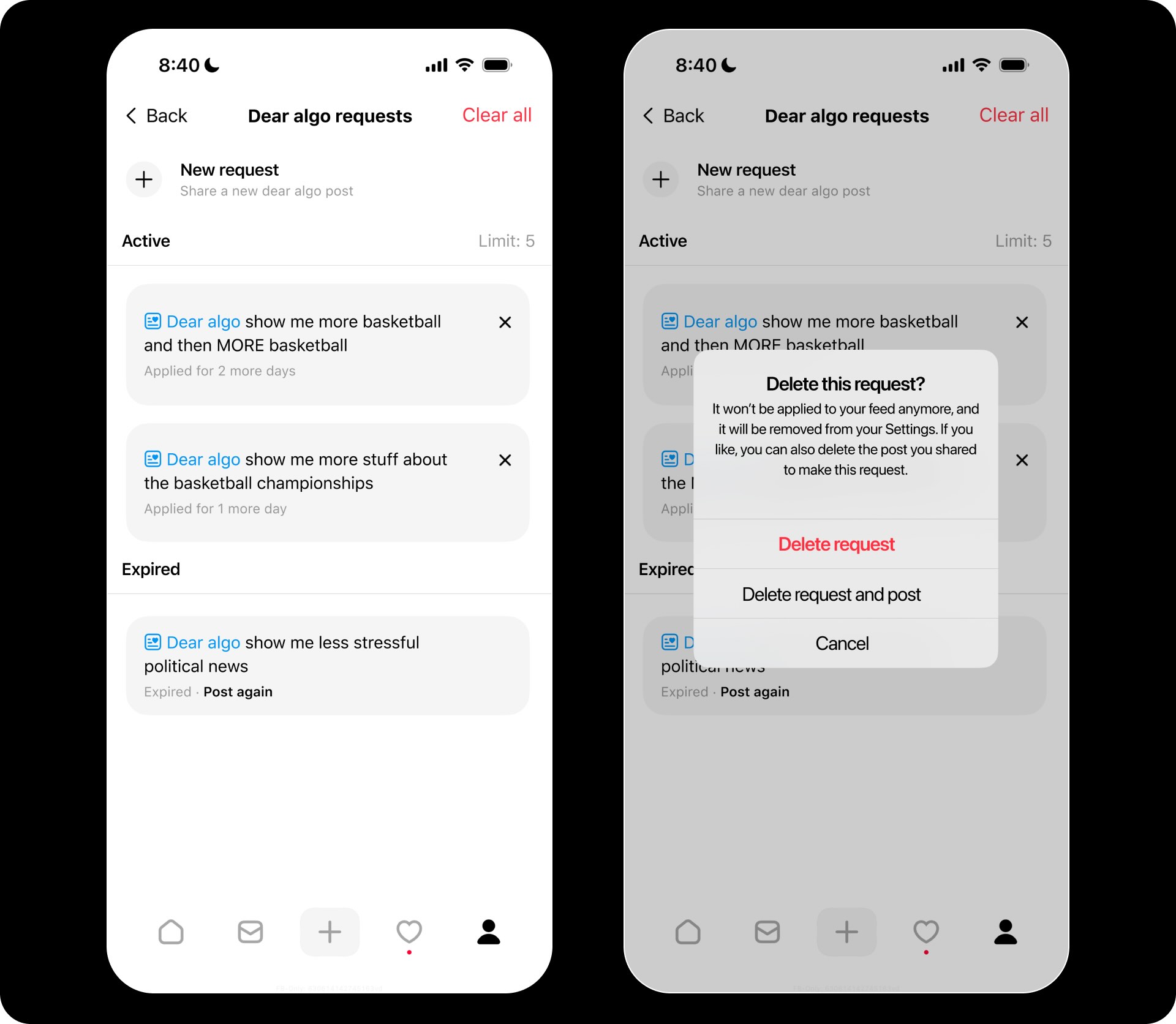 Panel de configuración de la funcionalidad Dear Algo de Threads