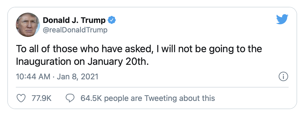 Tuit 10 de la cronología de Donald Trump en el que afirma que no irá a la investidura de Joe Biden.