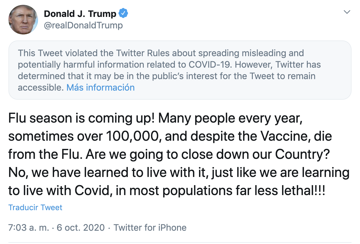 Tuit 3 de Donald Trump en el que compara al covid con la gripe.