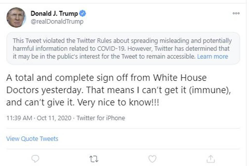 Tuit 4 de la cronología de Donald Trump en el que afirma que es inmune al coronavirus.