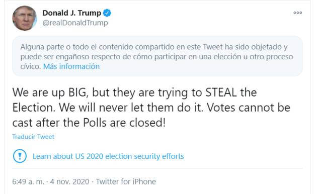Tuit de Donald Trump afirmando que les han robado las elecciones.