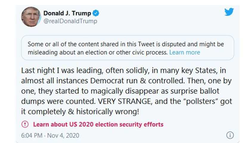 Tuit de Donald Trump en el que deja entrever que las elecciones han sido según él fraudulentas.
