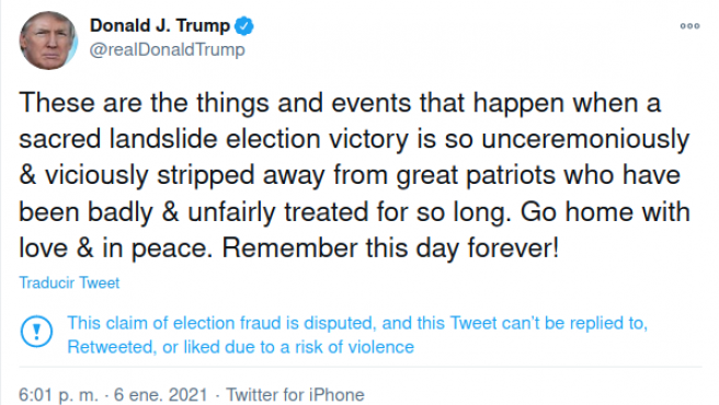 Tuit de Donald Trump pidiendo a la gente que se fiera a casa pero afirmando que les habían robado las elecciones.