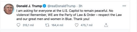 Tuit de Trump en el que pedía a los manifestantes que regresasen a sus casas.