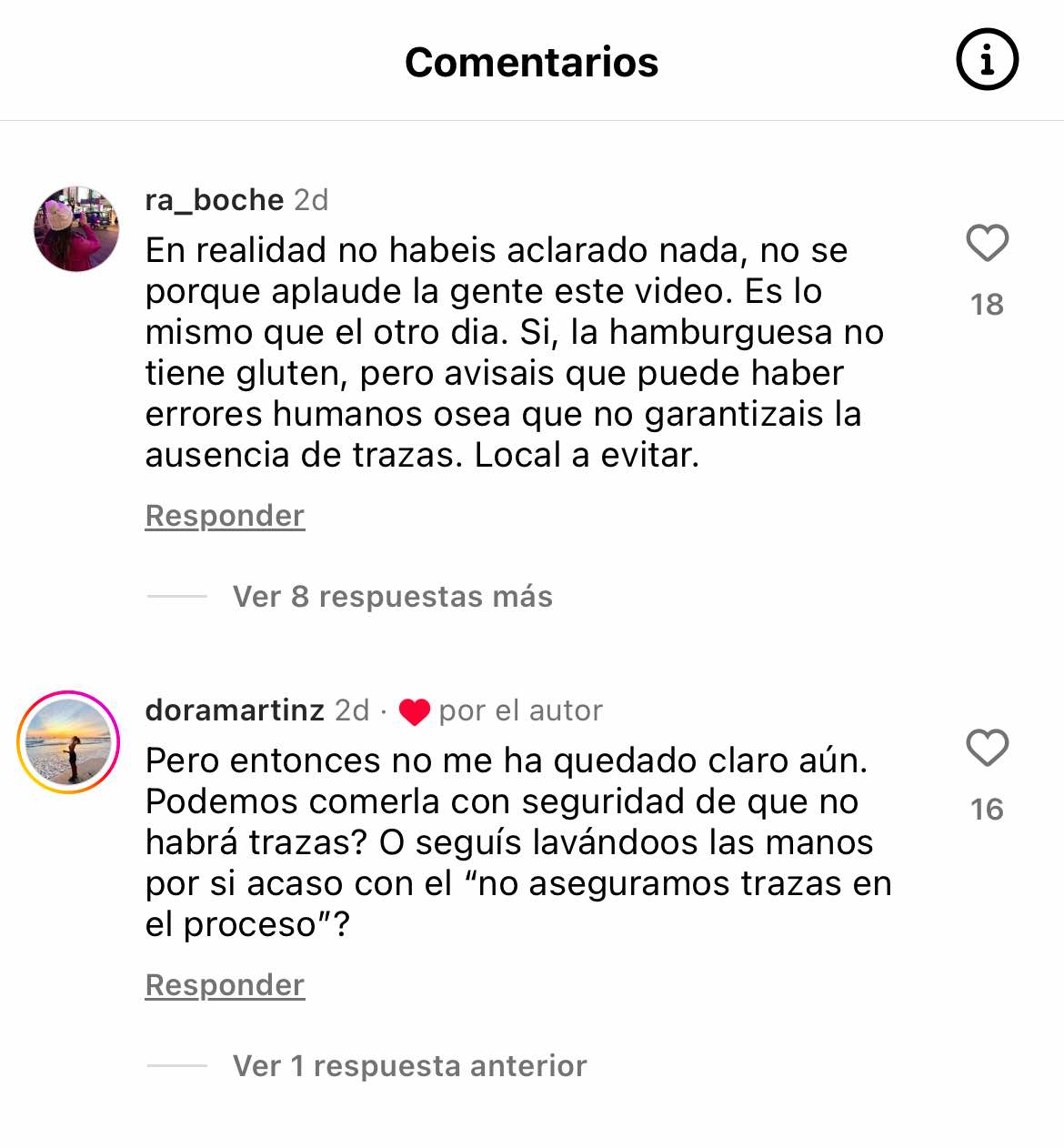 Comentarios sobre las explicaciones de Vicio respecto a su hamburguesa sin gluten